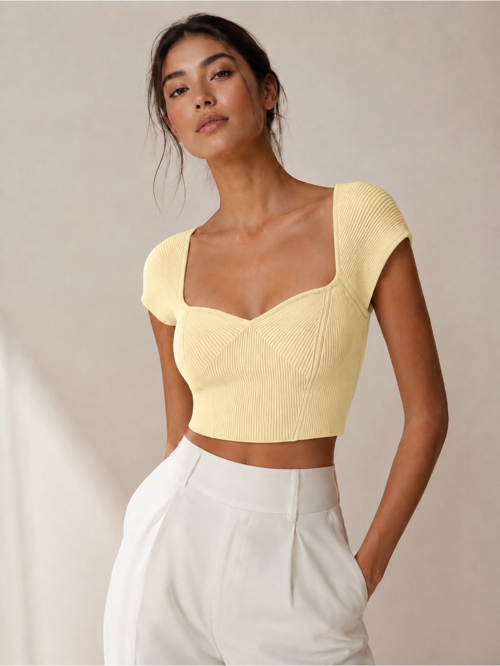 Jonathan Simkhai Ribbed Sweetheart Knit Crop Top Size Small Pale Yellow